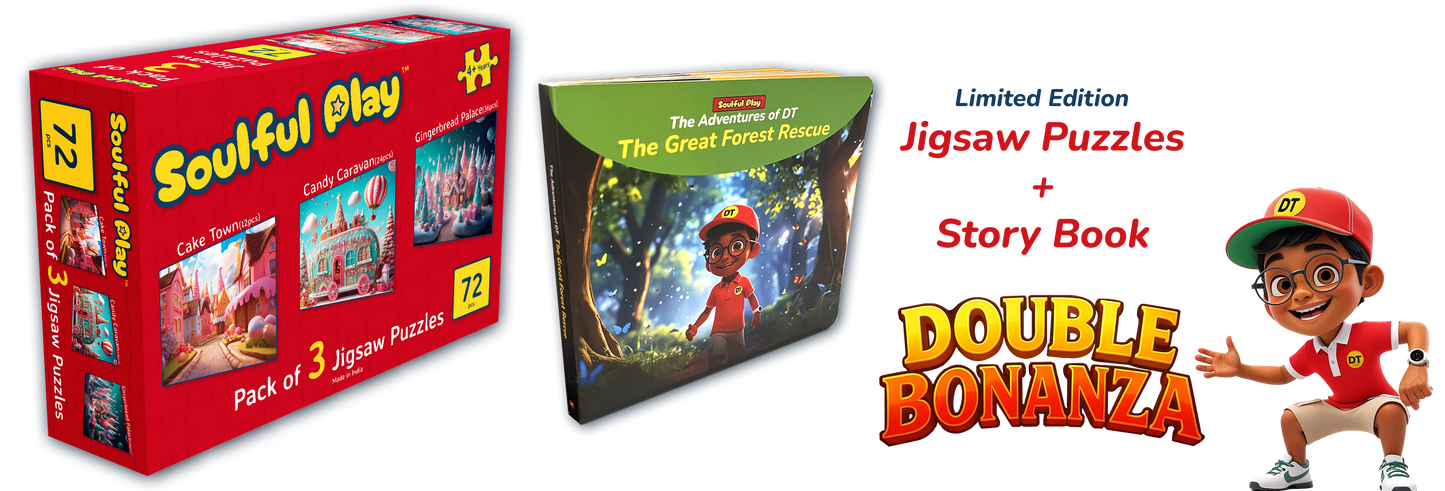 SoulfulPlay–Cake Town, Candy Caravan, Gingerbread Palace - Jigsaw Puzzle Bundle with Story Book - The Adventures of DT - The Great Forest Rescue