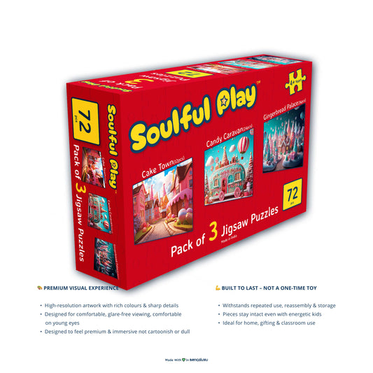 Red packaging of Soulful Play jigsaw puzzles with colorful illustrations on a white background