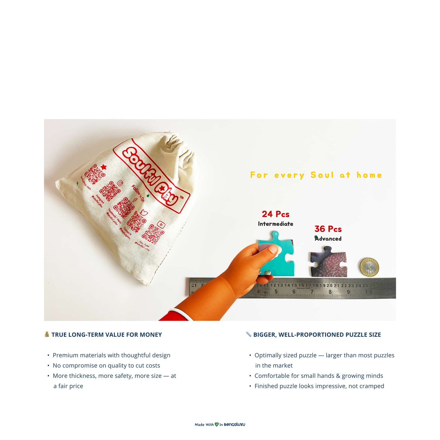 Puzzle packaging with a hand holding a piece of puzzle, featuring text and graphics on a white background.