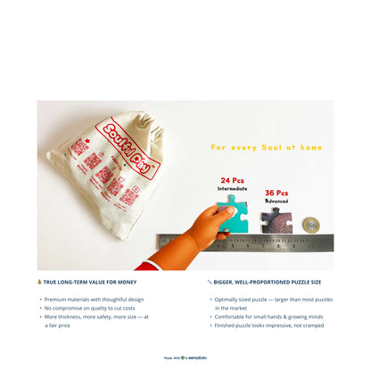 Puzzle packaging with a hand holding a piece of puzzle, featuring text and graphics on a white background.