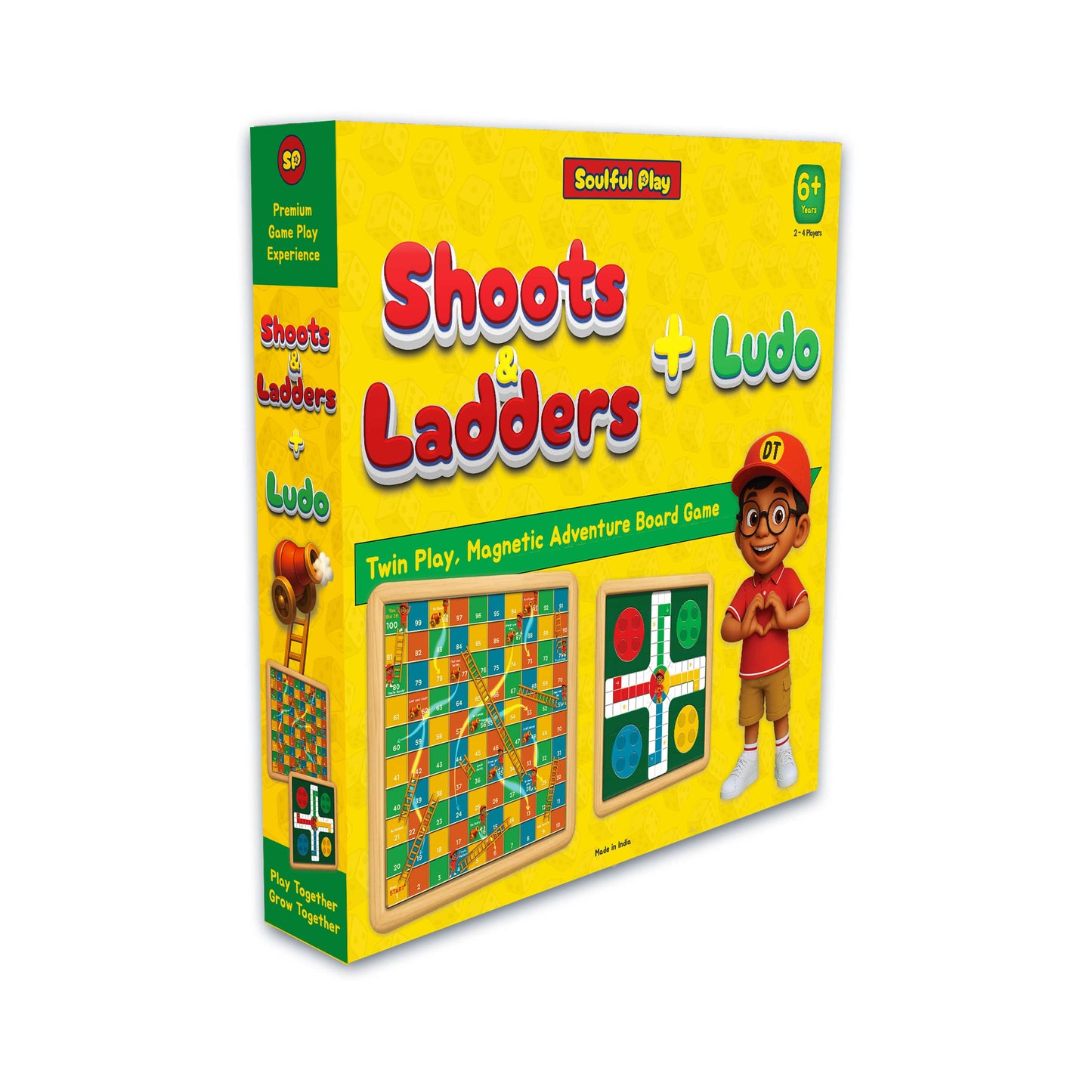 Board game box for 'Shoots Ladders + Ludo' on a white background
