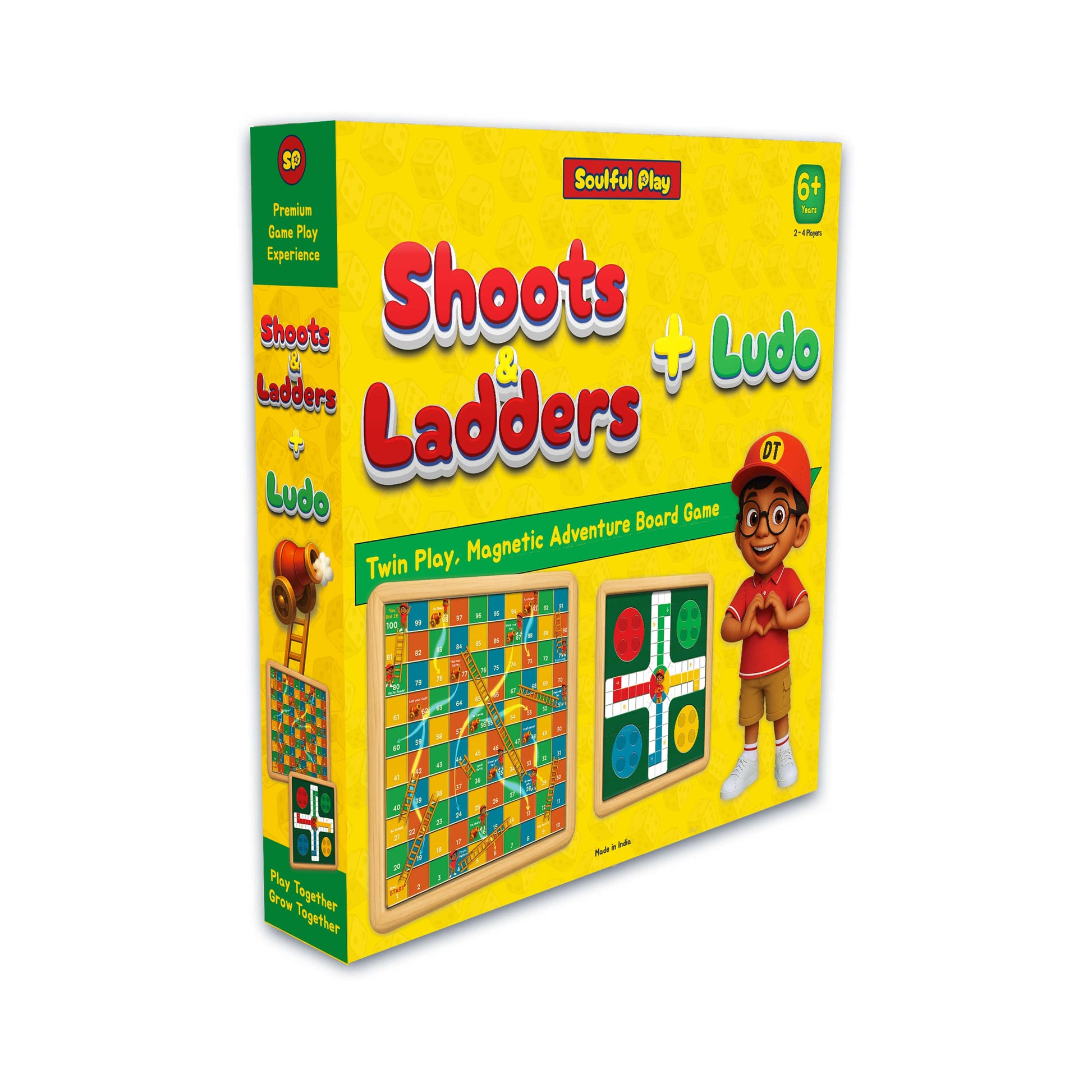 Board game box for 'Shoots Ladders + Ludo' on a white background