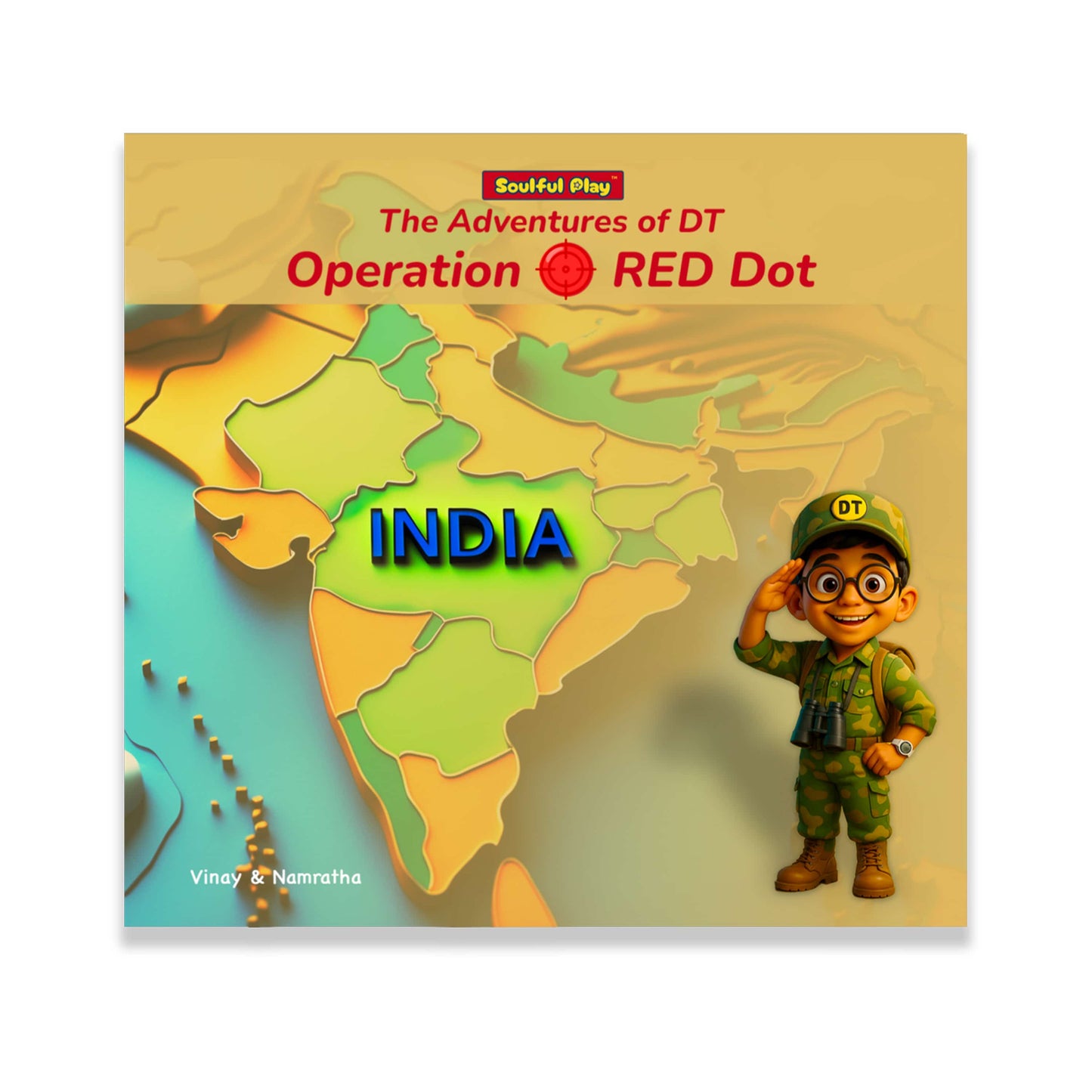 Book cover of 'The Adventures of DT Operation RED Dot' with a map of India and a character in a green uniform.