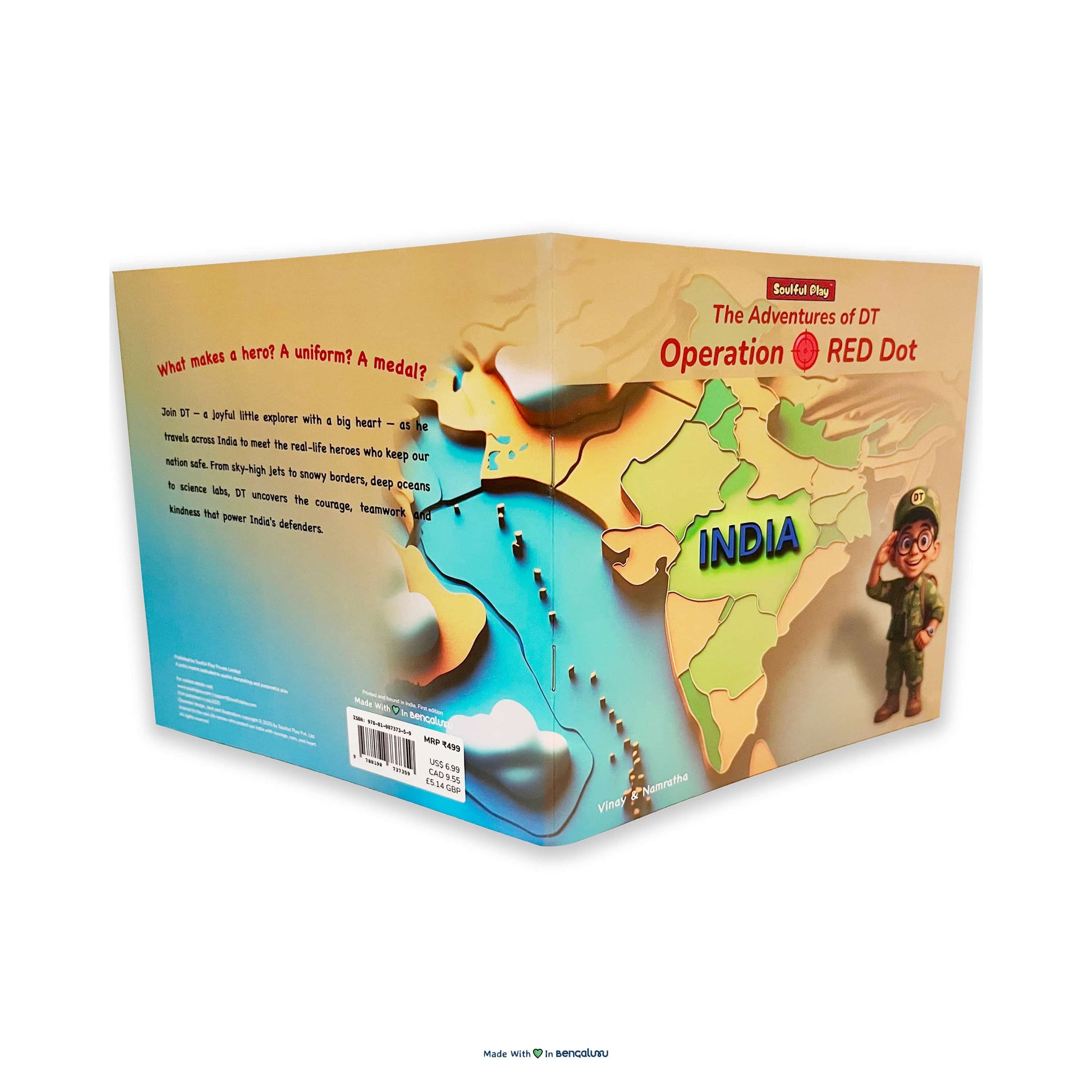 Box with a map design and text, featuring the word 'India' and a child figure.